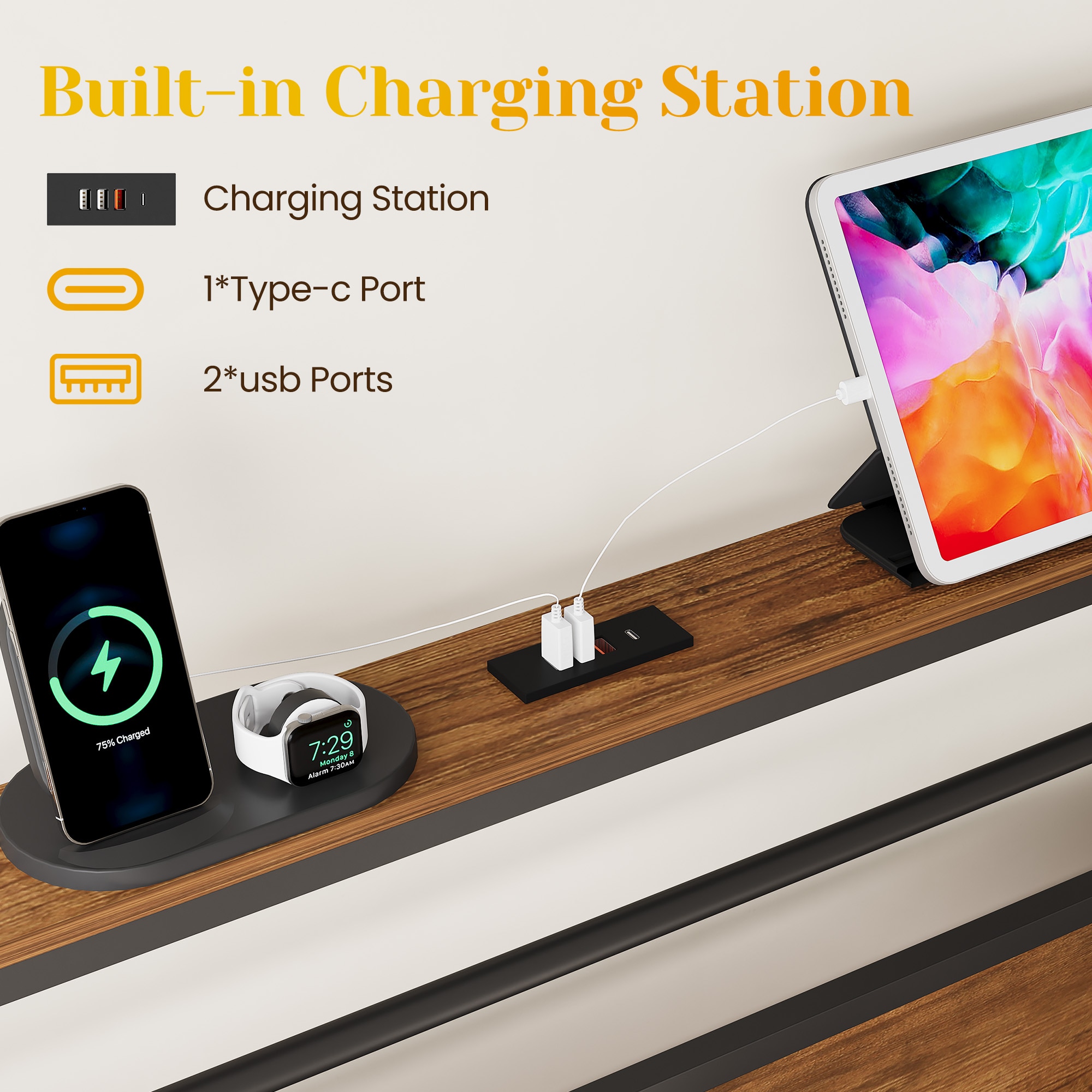 Full Size Bed Frame With Charging Station And Storage Headboard_voghion.com